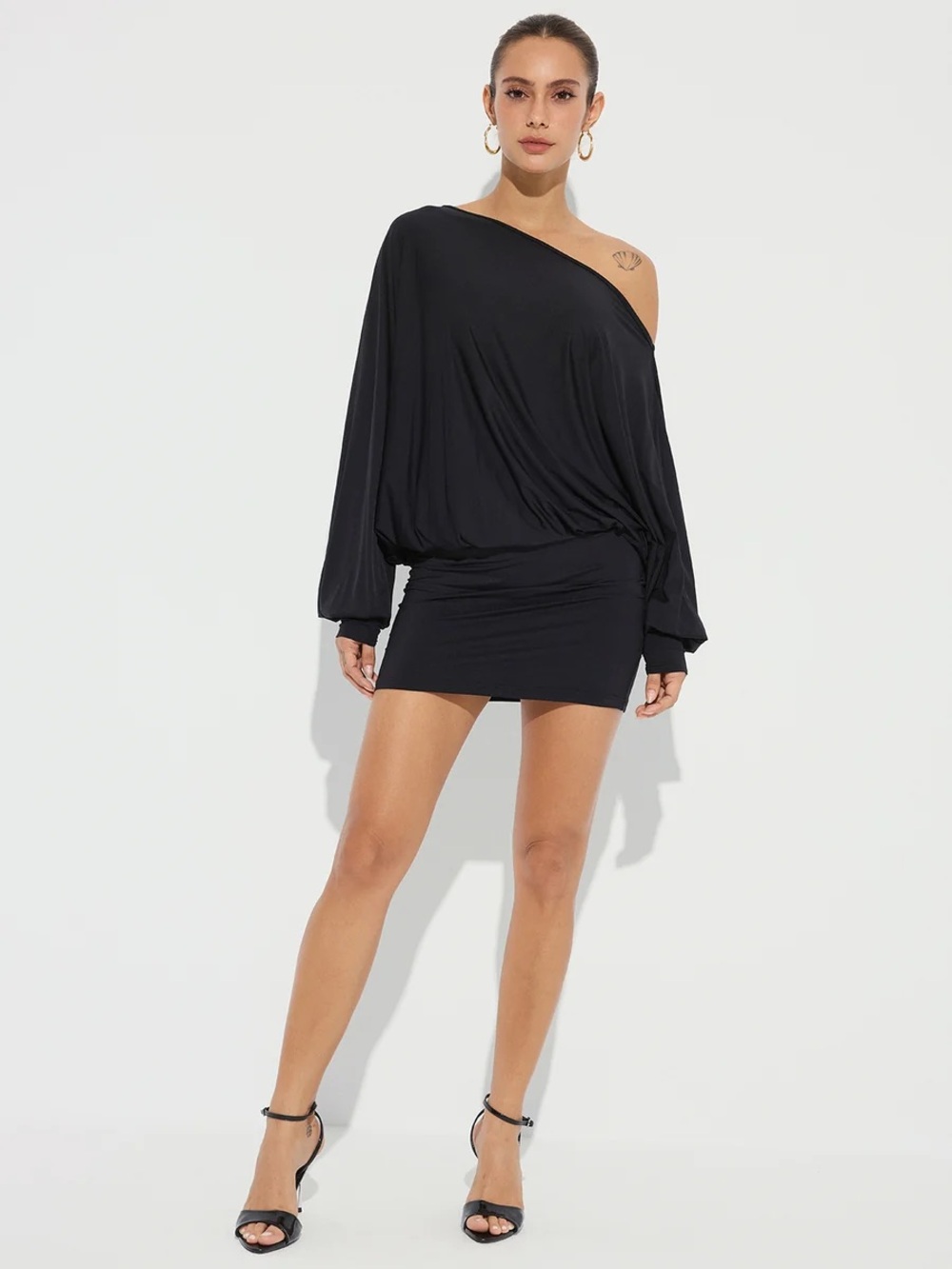 Commense One-Shoulder Ruched Long Sleeve Mini Dress